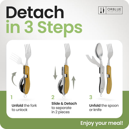 4-in-1 Camping Eating Utensils, 2-Pack - Portable Spoon, Fork, Knife & Bottle Opener Combo Set - Stainless Steel Flatware with Detachable Fork - Travel, Backpacking Cutlery Multitool, Black