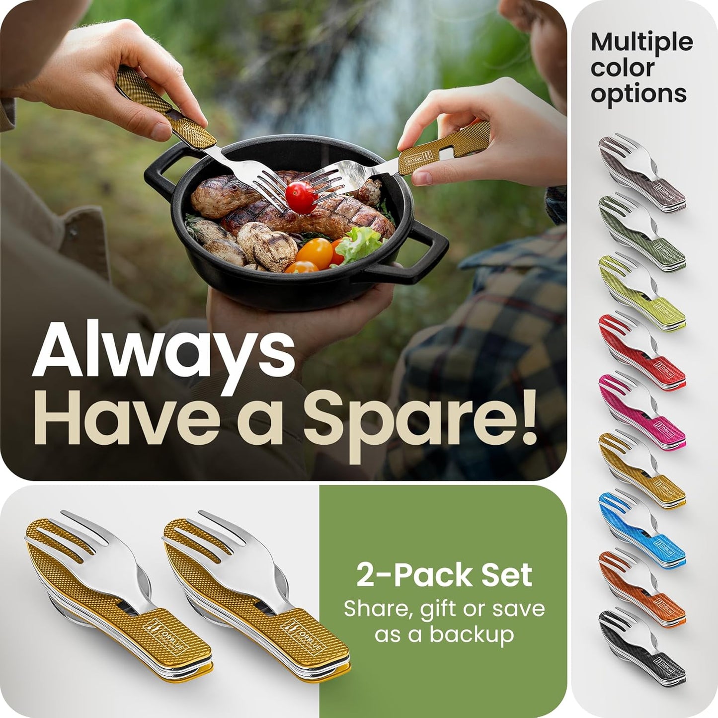 4-in-1 Camping Eating Utensils, 2-Pack - Portable Spoon, Fork, Knife & Bottle Opener Combo Set - Stainless Steel Flatware with Detachable Fork - Travel, Backpacking Cutlery Multitool, Black