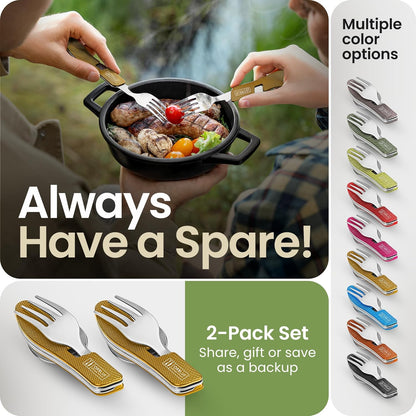4-in-1 Camping Eating Utensils, 2-Pack - Portable Spoon, Fork, Knife & Bottle Opener Combo Set - Stainless Steel Flatware with Detachable Fork - Travel, Backpacking Cutlery Multitool, Black