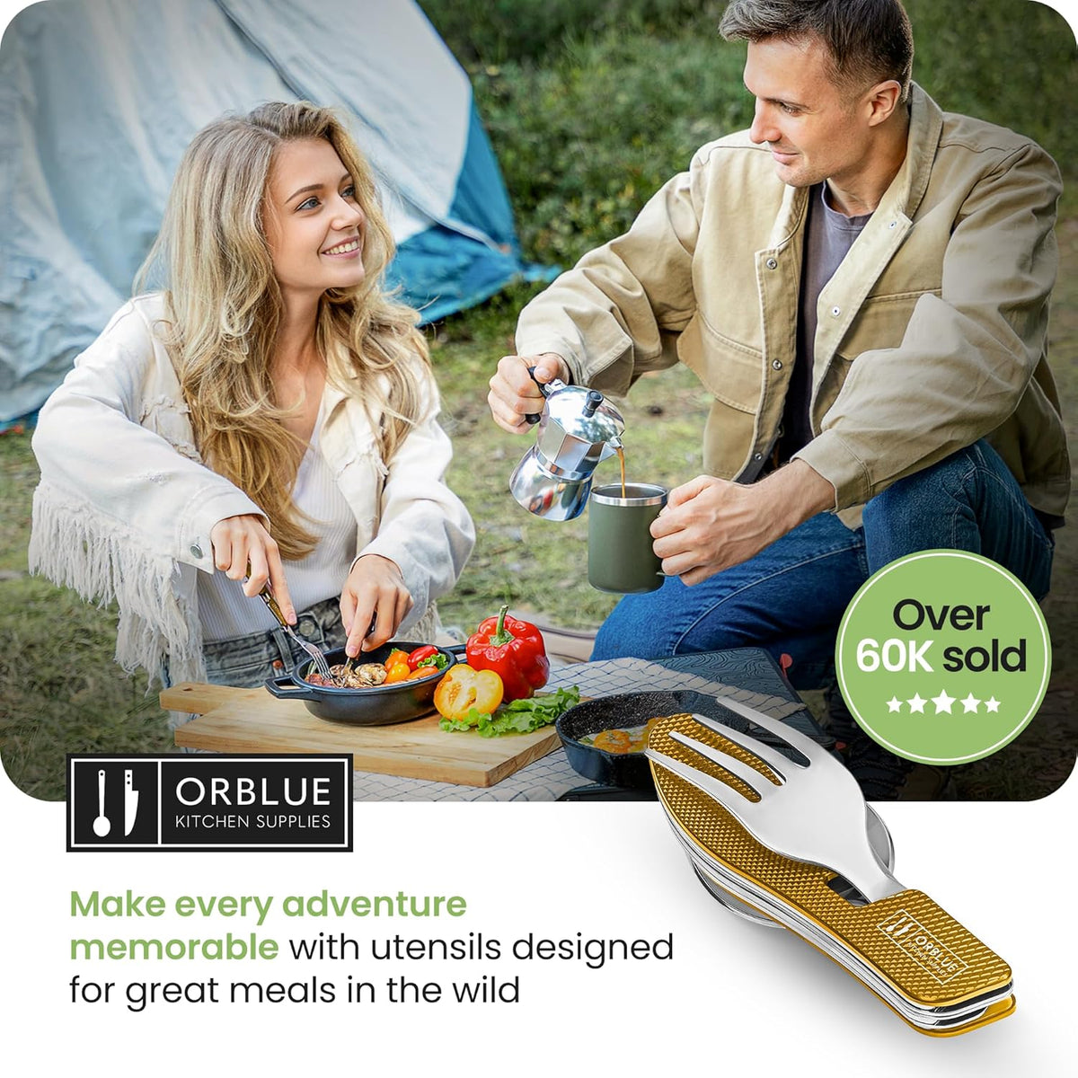 4-in-1 Camping Eating Utensils, 2-Pack - Portable Spoon, Fork, Knife & Bottle Opener Combo Set - Stainless Steel Flatware with Detachable Fork - Travel, Backpacking Cutlery Multitool, Black
