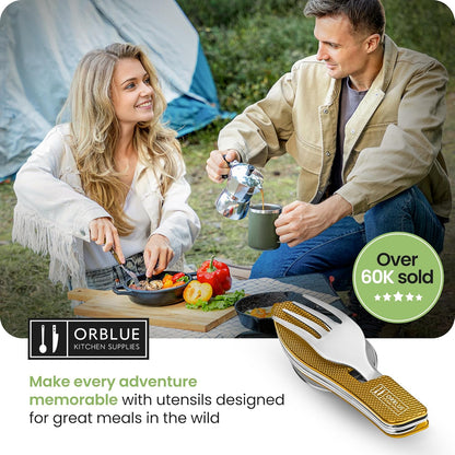 4-in-1 Camping Eating Utensils, 2-Pack - Portable Spoon, Fork, Knife & Bottle Opener Combo Set - Stainless Steel Flatware with Detachable Fork - Travel, Backpacking Cutlery Multitool, Black