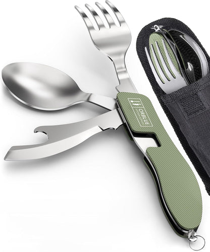 4-in-1 Camping Eating Utensils, 2-Pack - Portable Spoon, Fork, Knife & Bottle Opener Combo Set - Stainless Steel Flatware with Detachable Fork - Travel, Backpacking Cutlery Multitool, Black