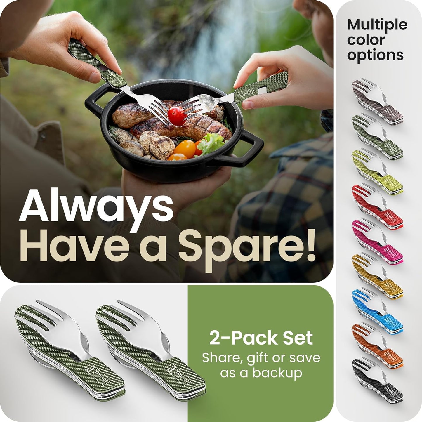 4-in-1 Camping Eating Utensils, 2-Pack - Portable Spoon, Fork, Knife & Bottle Opener Combo Set - Stainless Steel Flatware with Detachable Fork - Travel, Backpacking Cutlery Multitool, Black