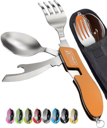 4-in-1 Camping Eating Utensils, 2-Pack - Portable Spoon, Fork, Knife & Bottle Opener Combo Set - Stainless Steel Flatware with Detachable Fork - Travel, Backpacking Cutlery Multitool, Black