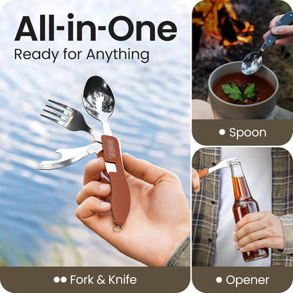 4-in-1 Camping Eating Utensils, 2-Pack - Portable Spoon, Fork, Knife & Bottle Opener Combo Set - Stainless Steel Flatware with Detachable Fork - Travel, Backpacking Cutlery Multitool, Black