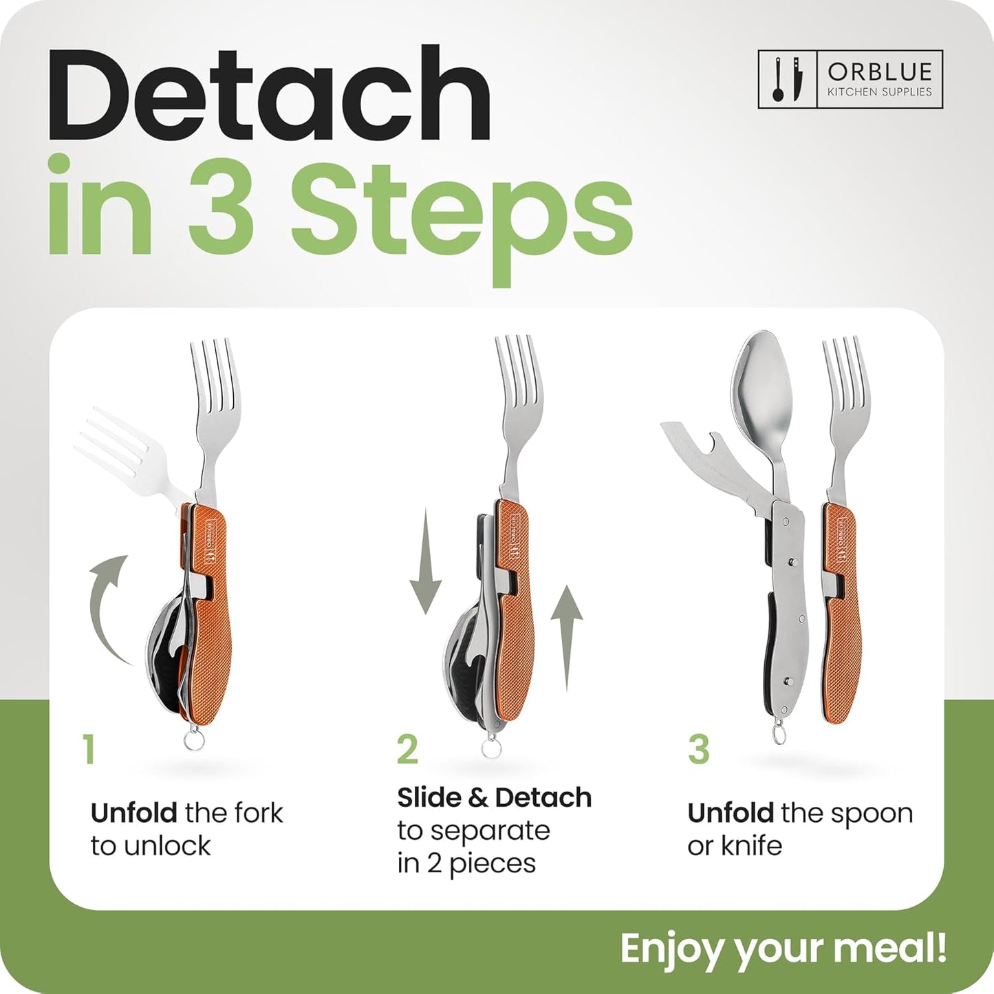 4-in-1 Camping Eating Utensils, 2-Pack - Portable Spoon, Fork, Knife & Bottle Opener Combo Set - Stainless Steel Flatware with Detachable Fork - Travel, Backpacking Cutlery Multitool, Black