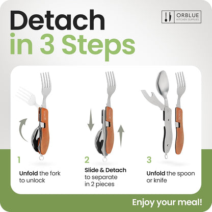 4-in-1 Camping Eating Utensils, 2-Pack - Portable Spoon, Fork, Knife & Bottle Opener Combo Set - Stainless Steel Flatware with Detachable Fork - Travel, Backpacking Cutlery Multitool, Black