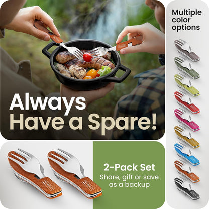 4-in-1 Camping Eating Utensils, 2-Pack - Portable Spoon, Fork, Knife & Bottle Opener Combo Set - Stainless Steel Flatware with Detachable Fork - Travel, Backpacking Cutlery Multitool, Black