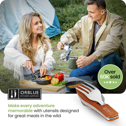 4-in-1 Camping Eating Utensils, 2-Pack - Portable Spoon, Fork, Knife & Bottle Opener Combo Set - Stainless Steel Flatware with Detachable Fork - Travel, Backpacking Cutlery Multitool, Black