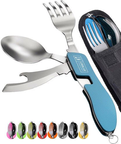 4-in-1 Camping Eating Utensils, 2-Pack - Portable Spoon, Fork, Knife & Bottle Opener Combo Set - Stainless Steel Flatware with Detachable Fork - Travel, Backpacking Cutlery Multitool, Black