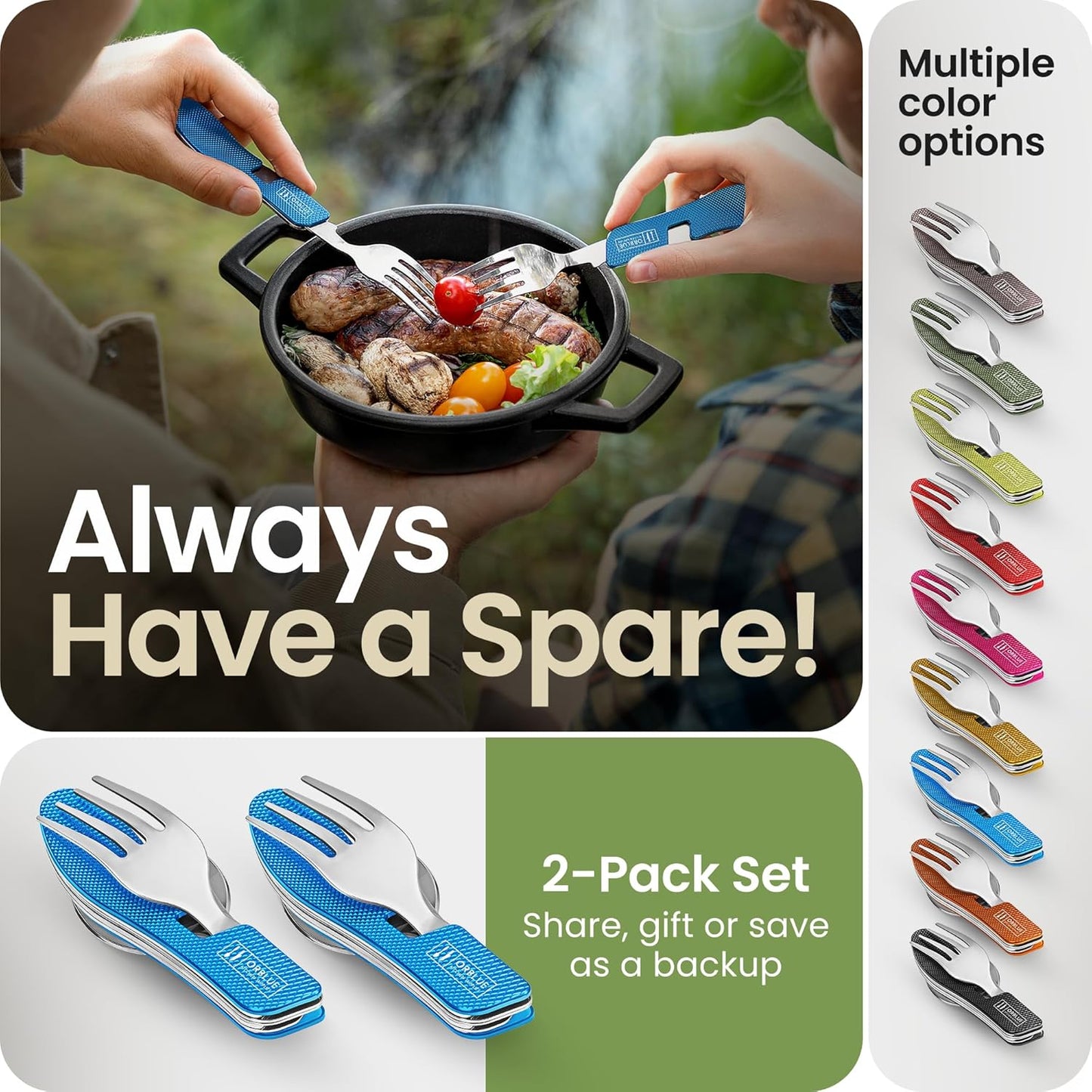 4-in-1 Camping Eating Utensils, 2-Pack - Portable Spoon, Fork, Knife & Bottle Opener Combo Set - Stainless Steel Flatware with Detachable Fork - Travel, Backpacking Cutlery Multitool, Black