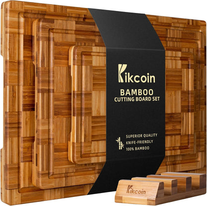 Extra Large Bamboo Cutting Boards, (Set of 3) Chopping Boards with Juice Groove Bamboo Wood Cutting Board Set Butcher Block for Kitchen, End Grain Serving Tray