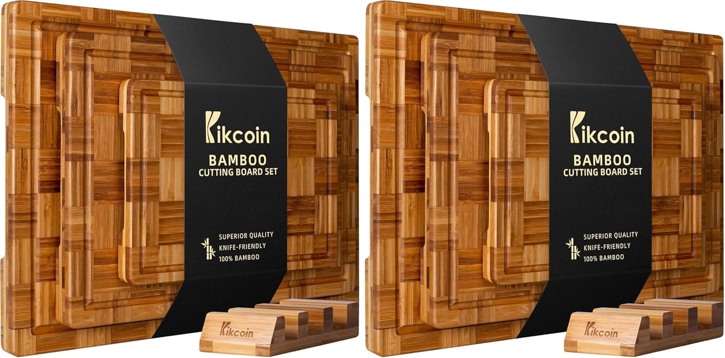 Extra Large Bamboo Cutting Boards, (Set of 3) Chopping Boards with Juice Groove Bamboo Wood Cutting Board Set Butcher Block for Kitchen, End Grain Serving Tray