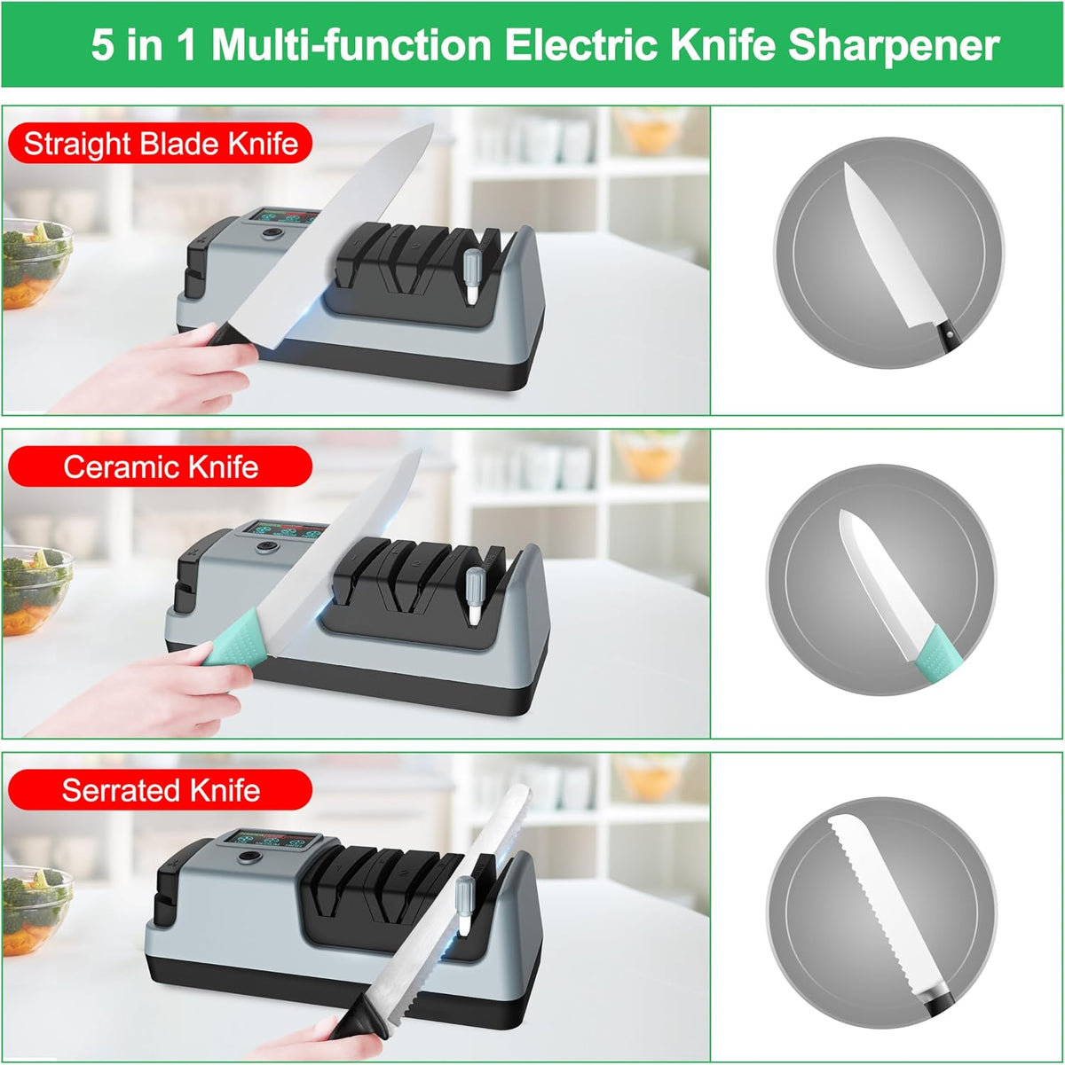 5 in 1 Electric Knife Sharpener-3 Rotational Speed Adjustable,Grey | Electric Knife Sharpeners, Suitable for Straight Blade Knives, Serrated Knives, Meat Cleaver Knives, Ceramic Knives&Scissors