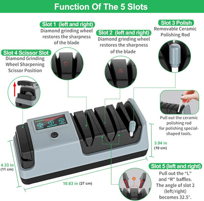 5 in 1 Electric Knife Sharpener-3 Rotational Speed Adjustable,Grey | Electric Knife Sharpeners, Suitable for Straight Blade Knives, Serrated Knives, Meat Cleaver Knives, Ceramic Knives&Scissors