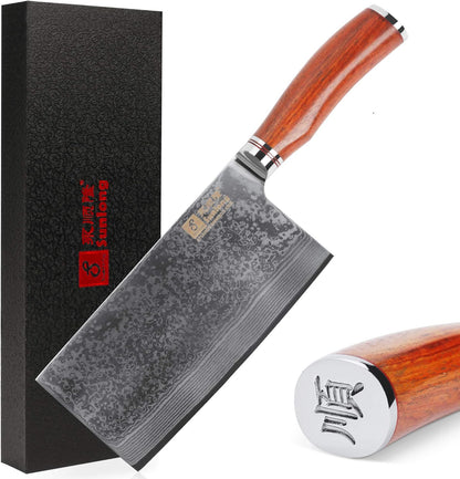 SUNLONG Meat Cleavers 7 inch Damascus Vegetable Cleaver Japanese Hammered Damascus Steel Bloodwood Handle