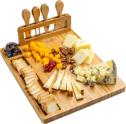Bamboo Cheese Board and Knife Set 14x11 inch – Wood Cheese Cutting Board, Serving Tray Platter, Charcuterie Board Set with 4 Cheese Knives – ®