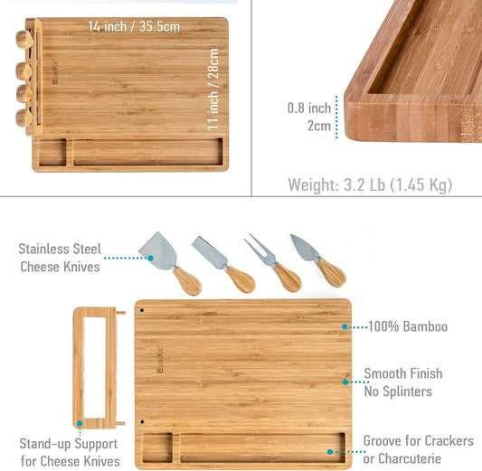 Bamboo Cheese Board and Knife Set 14x11 inch – Wood Cheese Cutting Board, Serving Tray Platter, Charcuterie Board Set with 4 Cheese Knives – ®