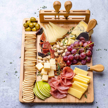 Bamboo Cheese Board and Knife Set 14x11 inch – Wood Cheese Cutting Board, Serving Tray Platter, Charcuterie Board Set with 4 Cheese Knives – ®