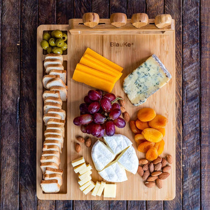 Bamboo Cheese Board and Knife Set 14x11 inch – Wood Cheese Cutting Board, Serving Tray Platter, Charcuterie Board Set with 4 Cheese Knives – ®