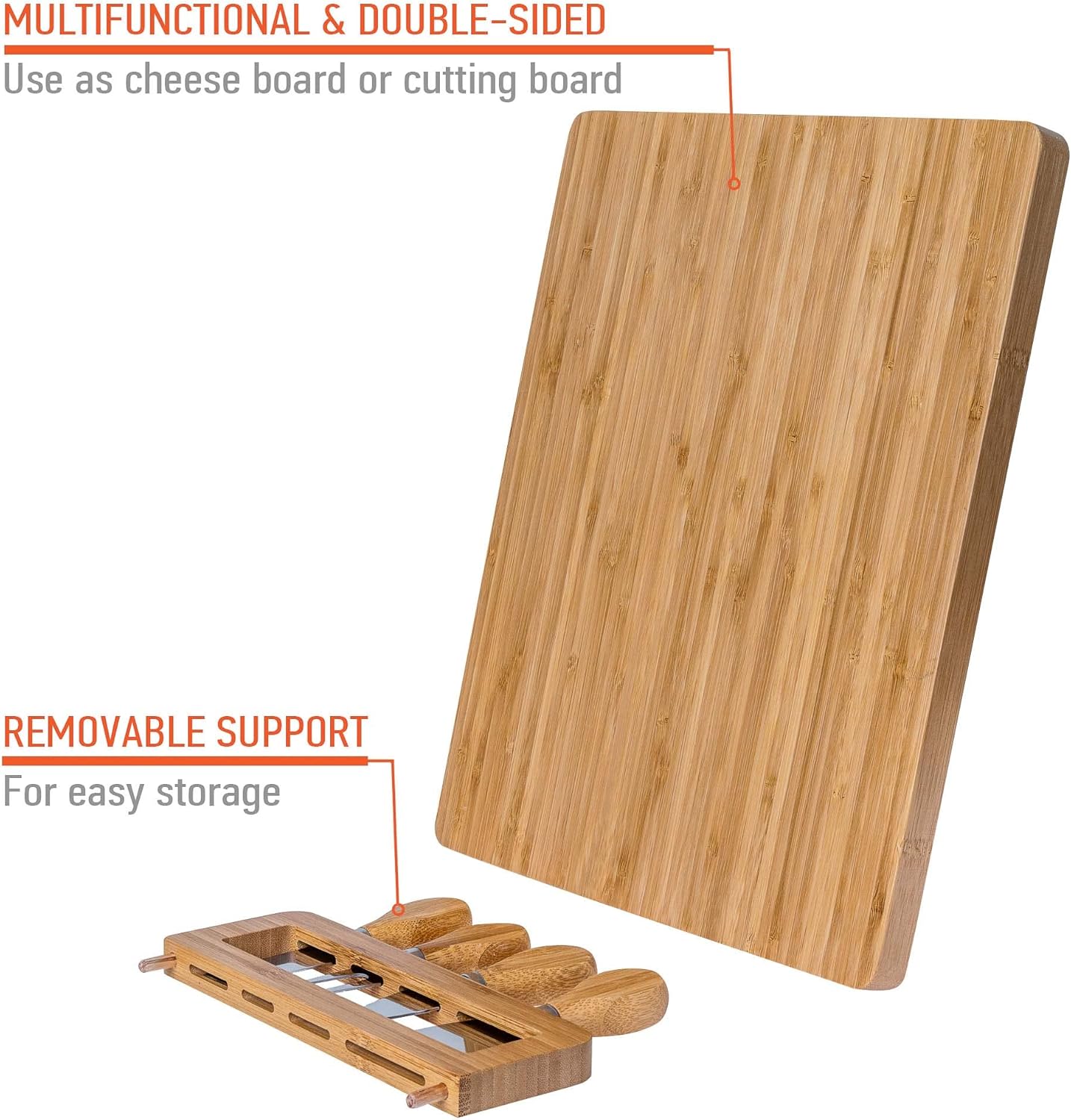 Bamboo Cheese Board and Knife Set 14x11 inch – Wood Cheese Cutting Board, Serving Tray Platter, Charcuterie Board Set with 4 Cheese Knives – ®