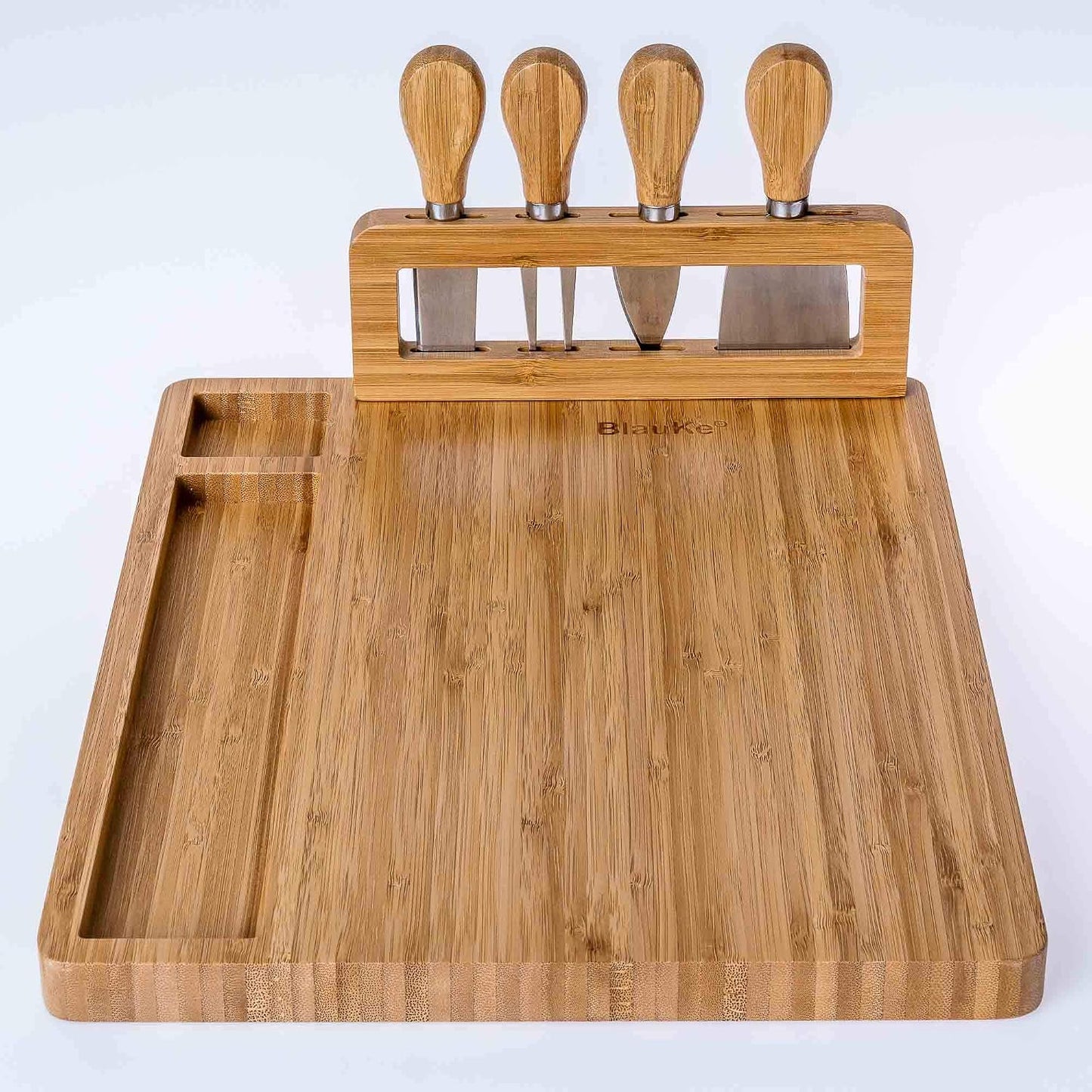 Bamboo Cheese Board and Knife Set 14x11 inch – Wood Cheese Cutting Board, Serving Tray Platter, Charcuterie Board Set with 4 Cheese Knives – ®
