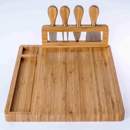 Bamboo Cheese Board and Knife Set 14x11 inch – Wood Cheese Cutting Board, Serving Tray Platter, Charcuterie Board Set with 4 Cheese Knives – ®