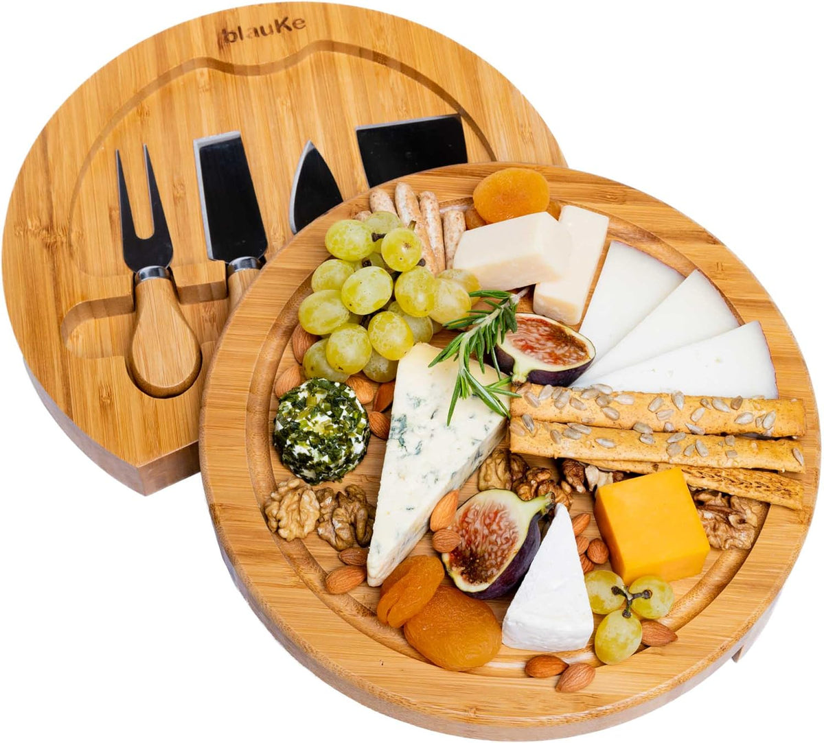 Bamboo Cheese Board and Knife Set 14x11 inch – Wood Cheese Cutting Board, Serving Tray Platter, Charcuterie Board Set with 4 Cheese Knives – ®