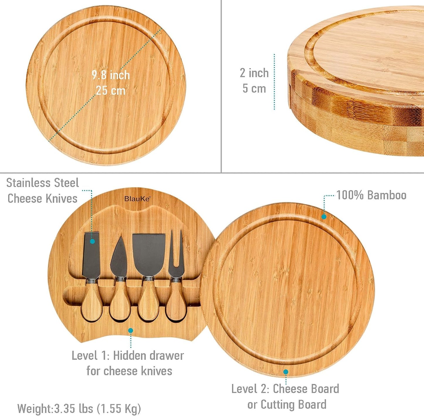 Bamboo Cheese Board and Knife Set 14x11 inch – Wood Cheese Cutting Board, Serving Tray Platter, Charcuterie Board Set with 4 Cheese Knives – ®