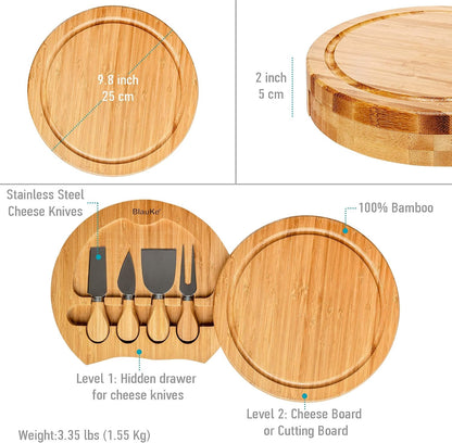 Bamboo Cheese Board and Knife Set 14x11 inch – Wood Cheese Cutting Board, Serving Tray Platter, Charcuterie Board Set with 4 Cheese Knives – ®