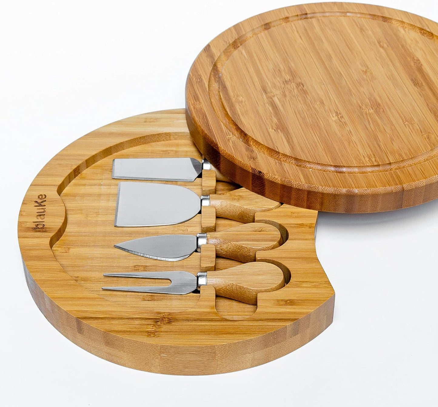 Bamboo Cheese Board and Knife Set 14x11 inch – Wood Cheese Cutting Board, Serving Tray Platter, Charcuterie Board Set with 4 Cheese Knives – ®
