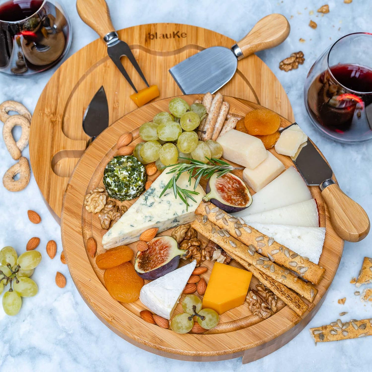 Bamboo Cheese Board and Knife Set 14x11 inch – Wood Cheese Cutting Board, Serving Tray Platter, Charcuterie Board Set with 4 Cheese Knives – ®