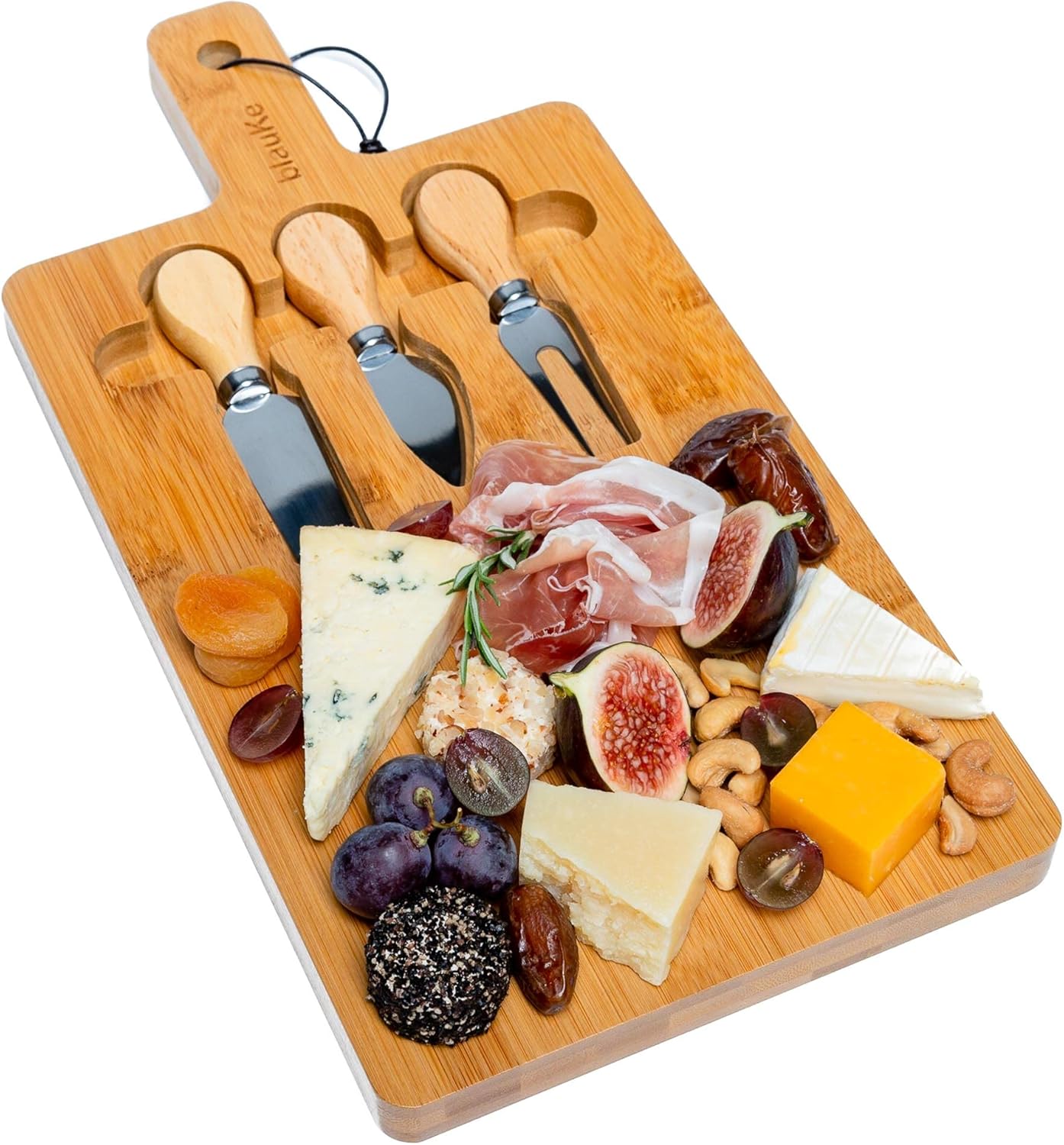 Bamboo Cheese Board and Knife Set 14x11 inch – Wood Cheese Cutting Board, Serving Tray Platter, Charcuterie Board Set with 4 Cheese Knives – ®