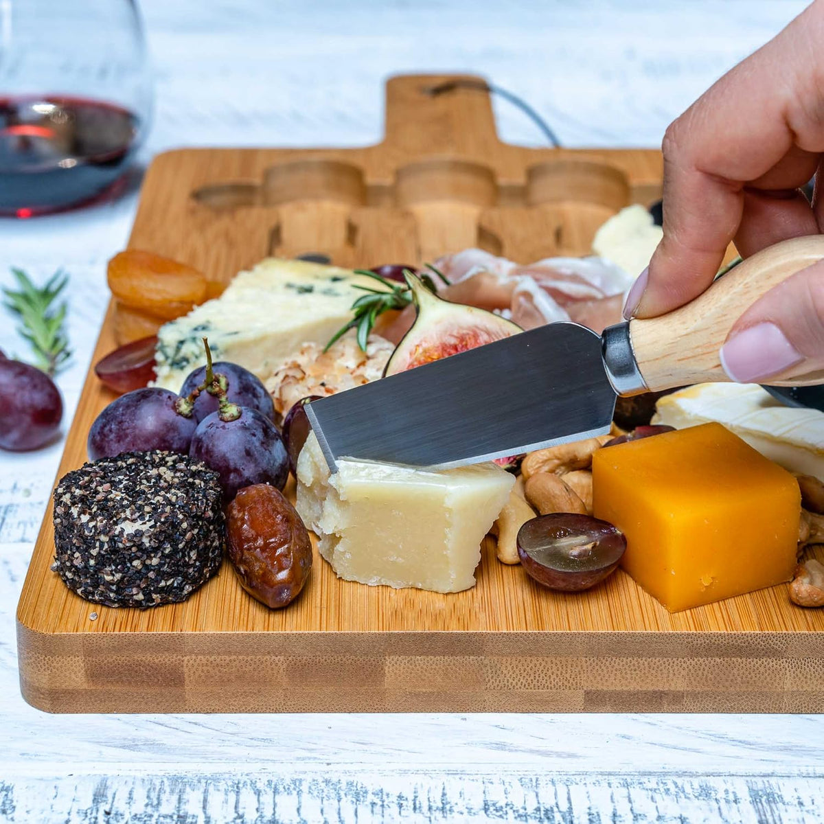 Bamboo Cheese Board and Knife Set 14x11 inch – Wood Cheese Cutting Board, Serving Tray Platter, Charcuterie Board Set with 4 Cheese Knives – ®