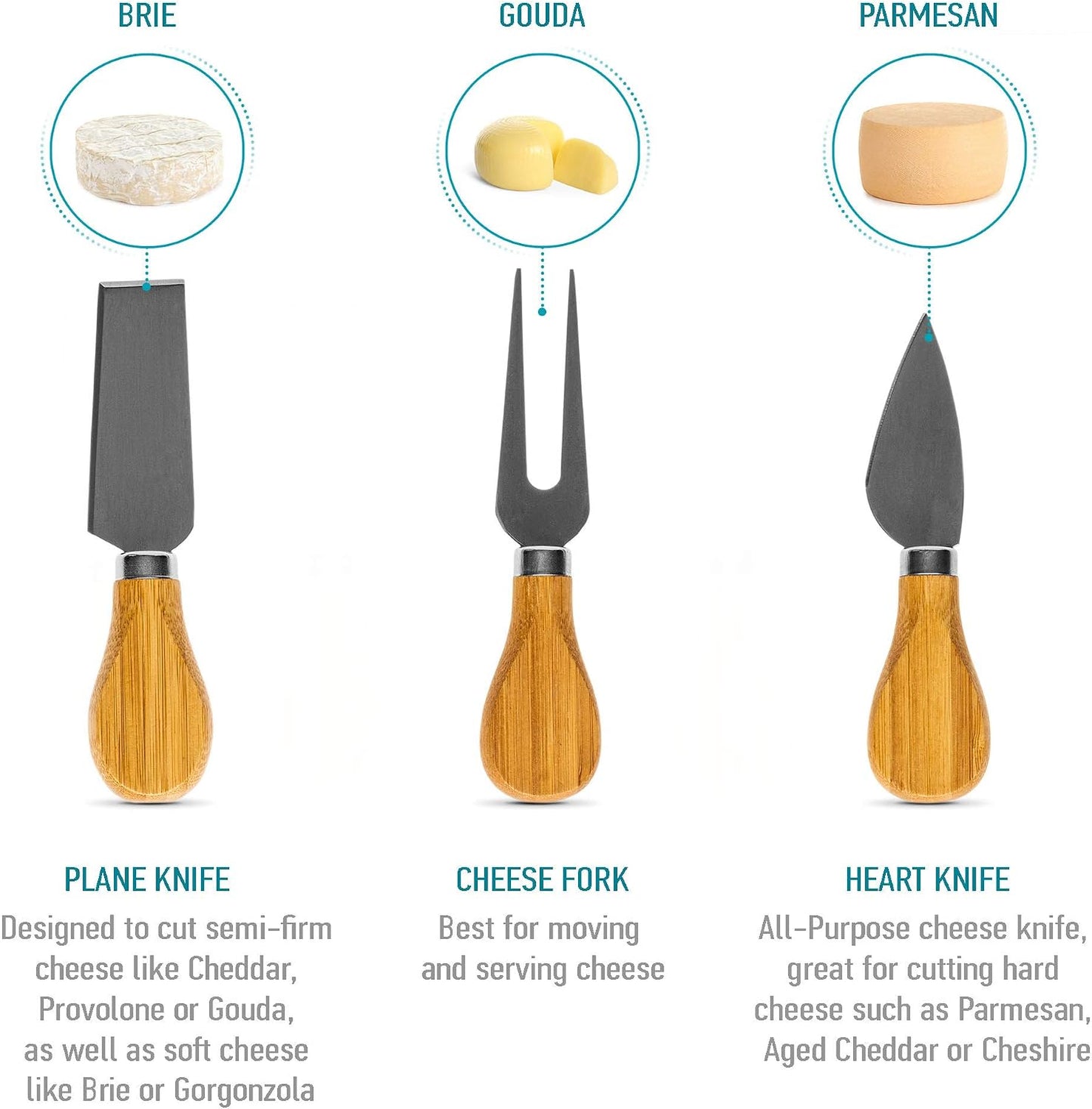 Bamboo Cheese Board and Knife Set 14x11 inch – Wood Cheese Cutting Board, Serving Tray Platter, Charcuterie Board Set with 4 Cheese Knives – ®