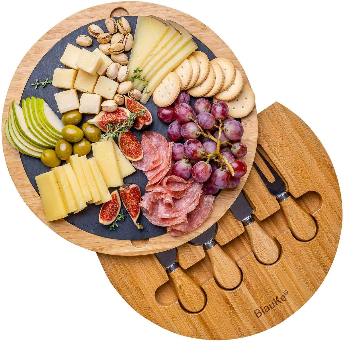 Bamboo Cheese Board and Knife Set 14x11 inch – Wood Cheese Cutting Board, Serving Tray Platter, Charcuterie Board Set with 4 Cheese Knives – ®