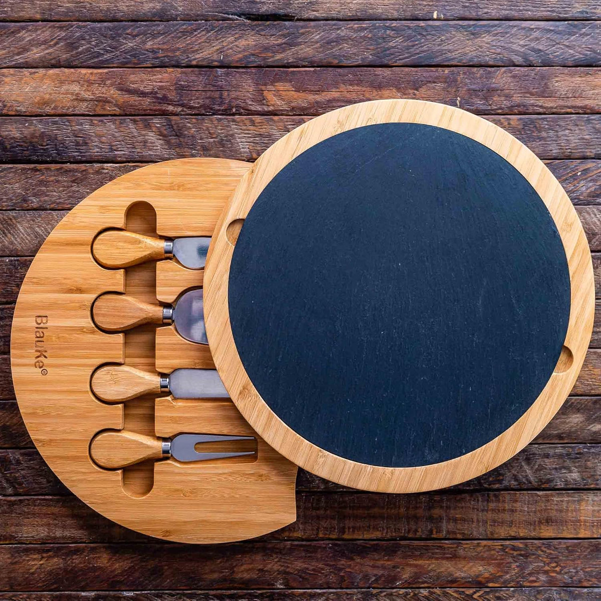 Bamboo Cheese Board and Knife Set 14x11 inch – Wood Cheese Cutting Board, Serving Tray Platter, Charcuterie Board Set with 4 Cheese Knives – ®