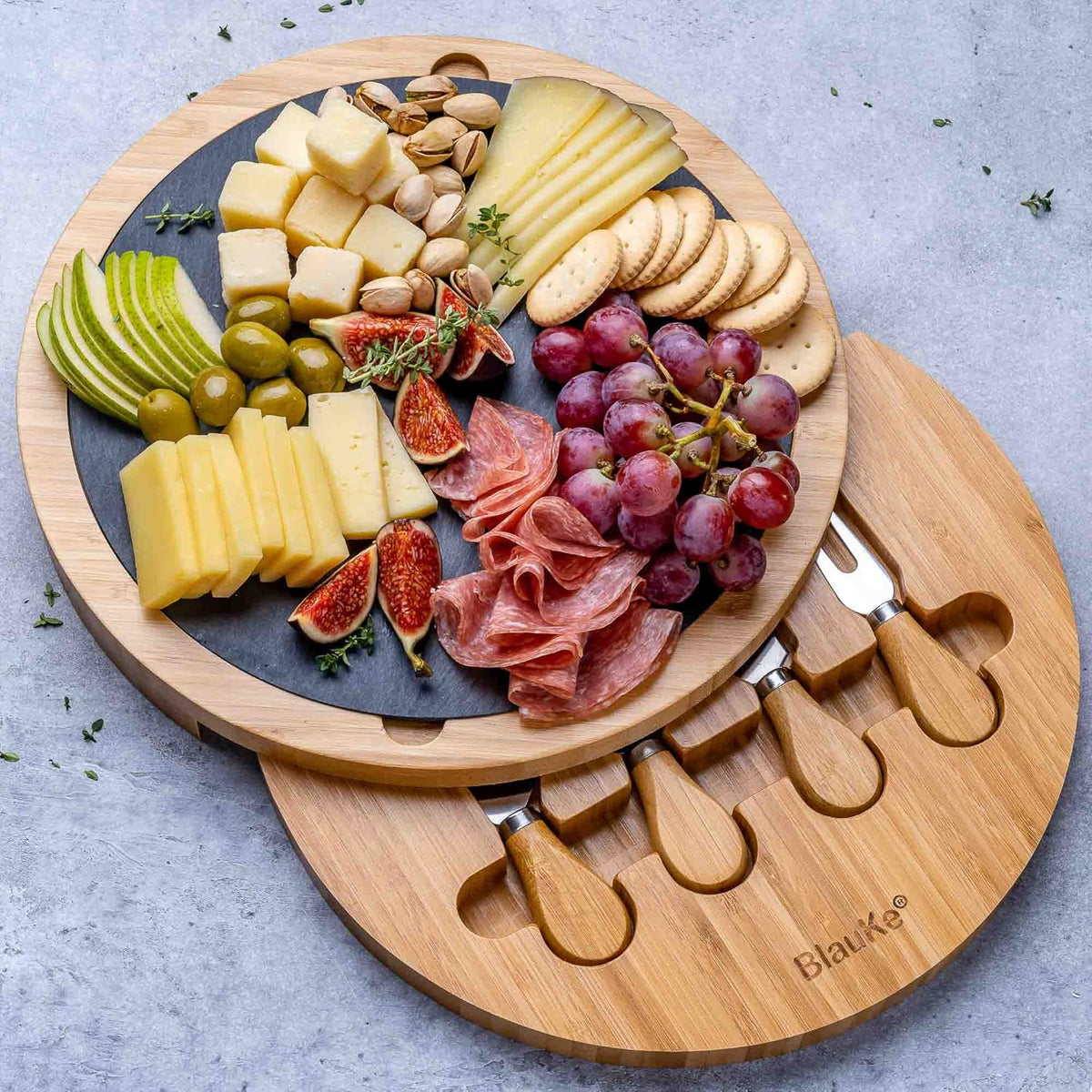 Bamboo Cheese Board and Knife Set 14x11 inch – Wood Cheese Cutting Board, Serving Tray Platter, Charcuterie Board Set with 4 Cheese Knives – ®