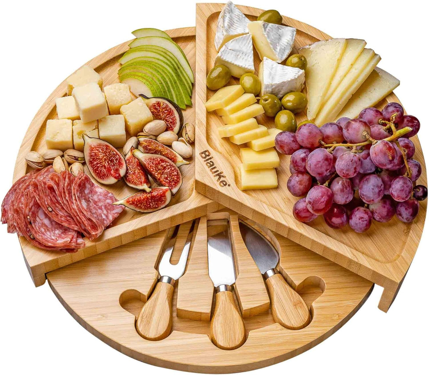 Bamboo Cheese Board and Knife Set 14x11 inch – Wood Cheese Cutting Board, Serving Tray Platter, Charcuterie Board Set with 4 Cheese Knives – ®