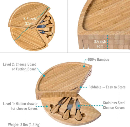 Bamboo Cheese Board and Knife Set 14x11 inch – Wood Cheese Cutting Board, Serving Tray Platter, Charcuterie Board Set with 4 Cheese Knives – ®