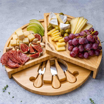 Bamboo Cheese Board and Knife Set 14x11 inch – Wood Cheese Cutting Board, Serving Tray Platter, Charcuterie Board Set with 4 Cheese Knives – ®