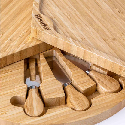 Bamboo Cheese Board and Knife Set 14x11 inch – Wood Cheese Cutting Board, Serving Tray Platter, Charcuterie Board Set with 4 Cheese Knives – ®