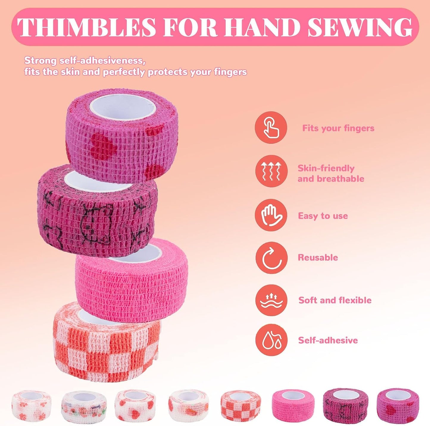 8 Pack Thimble Tape for Hand Sewing Self Adhering Bandage Wrap Nail Finger Protectors for Sewing No Residue Breathable Knitting Craft DIY Sewing Tools Dog Bandage Wrap