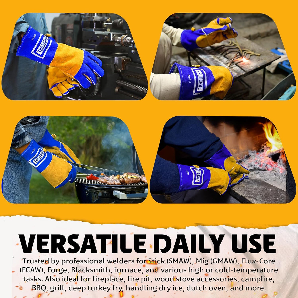 Welding Gloves 14” – 932°F Heat Resistant Leather Gloves with Kevlar – Heavy Duty BBQ & Cooking Gloves for Grill, Oven, Stove, Fireplace, Welding, Forge, MIG, TIG & High Heat Protection