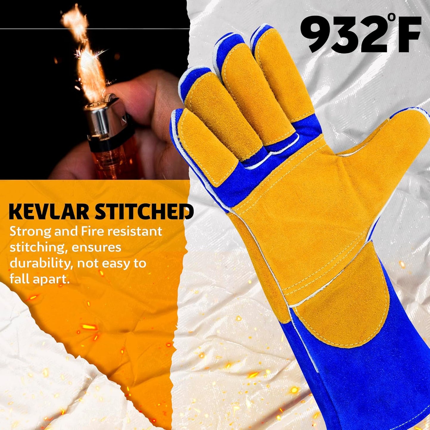 Welding Gloves 14” – 932°F Heat Resistant Leather Gloves with Kevlar – Heavy Duty BBQ & Cooking Gloves for Grill, Oven, Stove, Fireplace, Welding, Forge, MIG, TIG & High Heat Protection