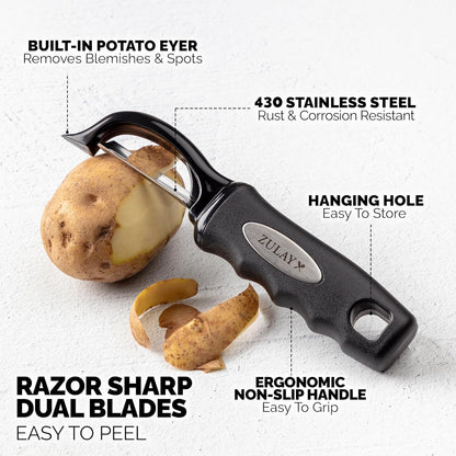 Premium Vegetable Peeler for Kitchen - Swivel Peeler with Razor Sharp Stainless Steel Blades & Strong Ergonomic Handle - Dishwasher Safe, Easy To Use with Blemish Remover - Black