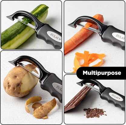 Premium Vegetable Peeler for Kitchen - Swivel Peeler with Razor Sharp Stainless Steel Blades & Strong Ergonomic Handle - Dishwasher Safe, Easy To Use with Blemish Remover - Black