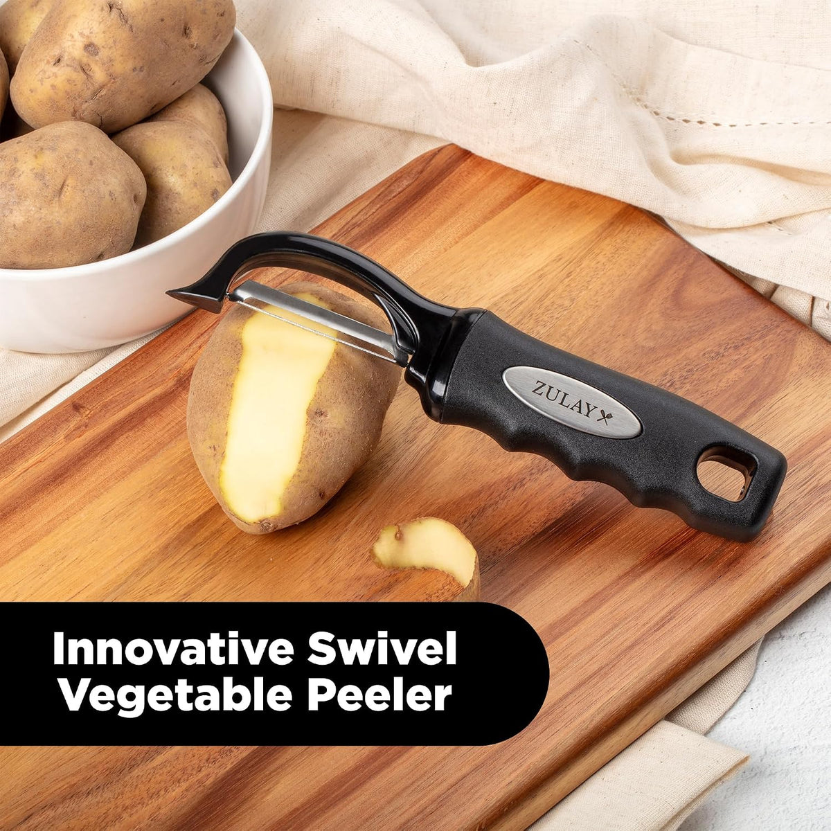 Premium Vegetable Peeler for Kitchen - Swivel Peeler with Razor Sharp Stainless Steel Blades & Strong Ergonomic Handle - Dishwasher Safe, Easy To Use with Blemish Remover - Black