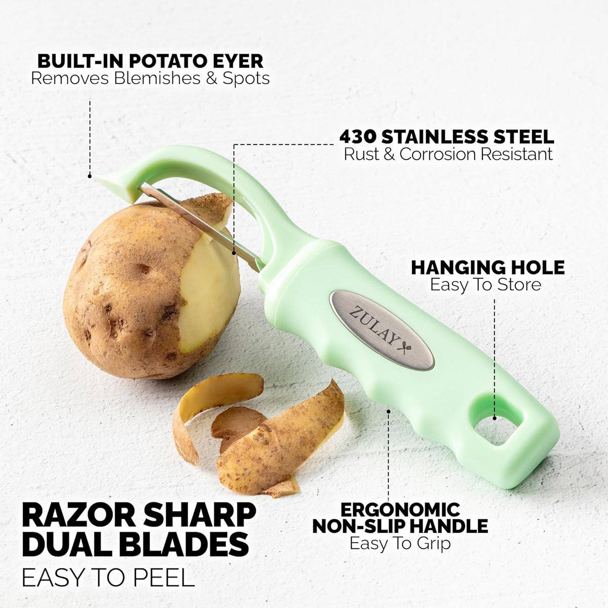 Premium Vegetable Peeler for Kitchen - Swivel Peeler with Razor Sharp Stainless Steel Blades & Strong Ergonomic Handle - Dishwasher Safe, Easy To Use with Blemish Remover - Black