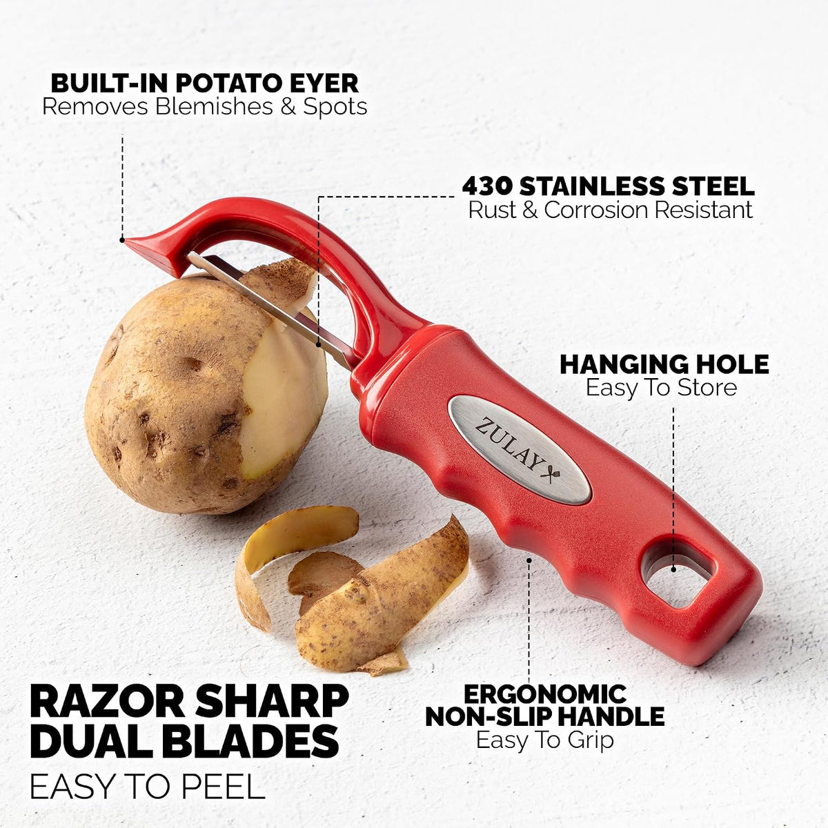 Premium Vegetable Peeler for Kitchen - Swivel Peeler with Razor Sharp Stainless Steel Blades & Strong Ergonomic Handle - Dishwasher Safe, Easy To Use with Blemish Remover - Black